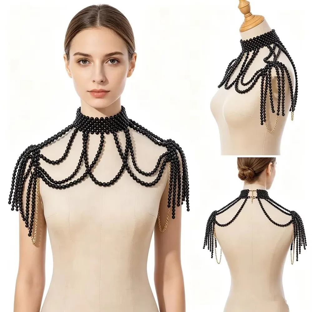 Handmade Beaded Pearl Shoulder Chain Imitation Pearl Two Sides Tassel Fringe Pearl Shawl Draped Chain Layered