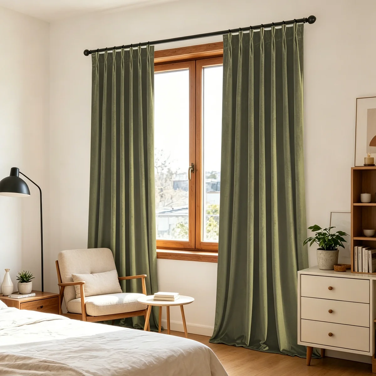 1 Pair Sage Green Blackout Velvet Curtains, Wabi-Sabi Ins Style Pinch Pleat Drapes, Thermal Insulated for Floor Windows