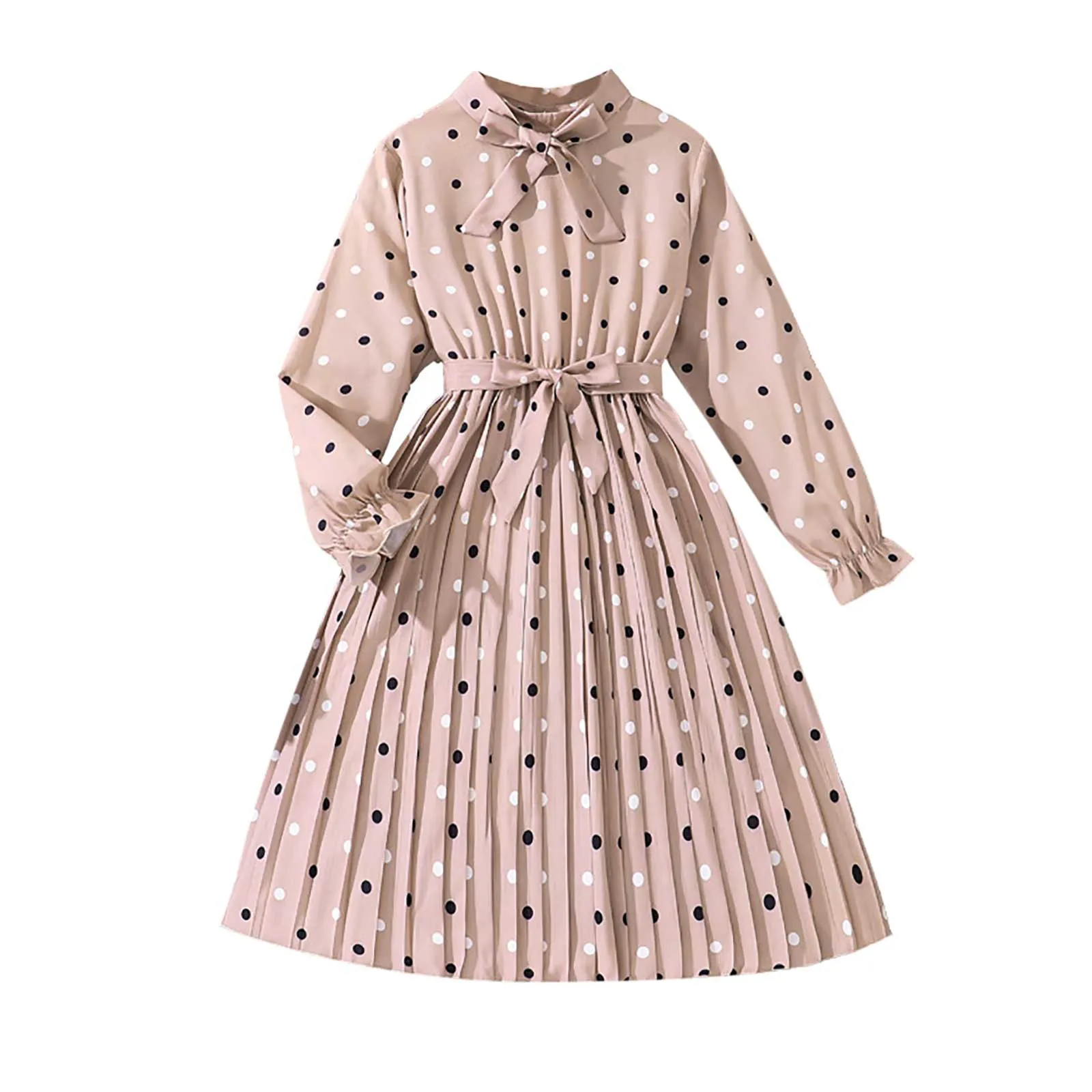 Robe trapèze à manches longues avec ceinture pour enfants, vêtements décontractés pour filles, imprimé à pois, mode pour enfants, automne, hiver, 7-14 ans, nouveau, 2024