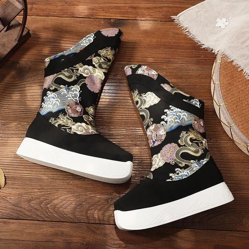 Chinese Hanfu Embroidered Boots Shoes Men Vintage Hanfu High Heighten Black Bow Soap Boots Shoes For Men Women Plus Size 44#