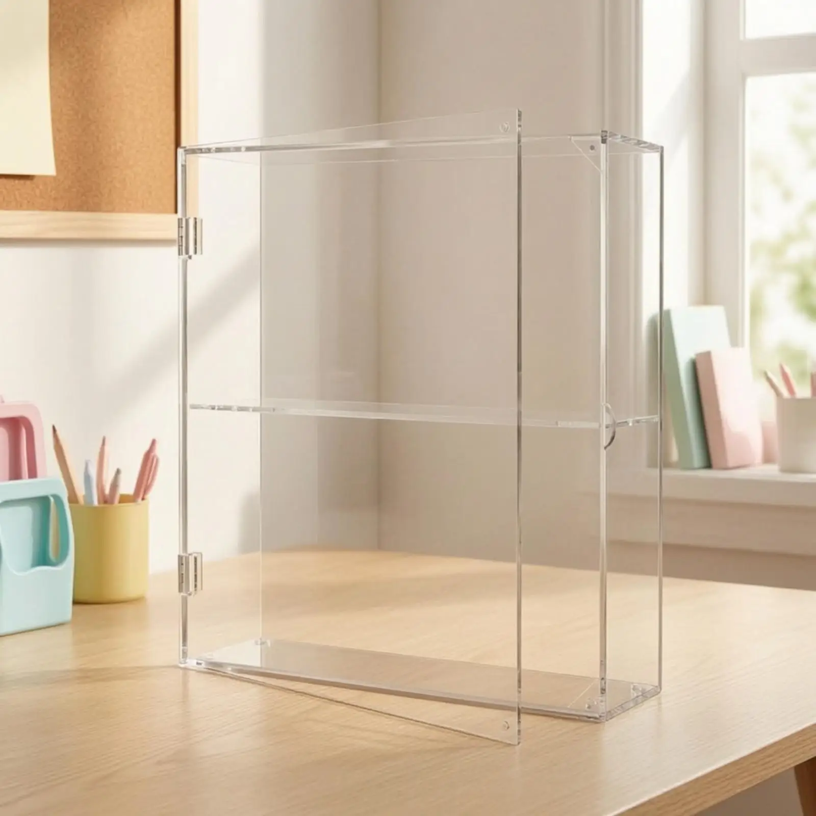 Acrylic Display Rack Clear Two Layer Showcase for Collectible Figurines with Hinged Door Dustproof Organizer for Home Office