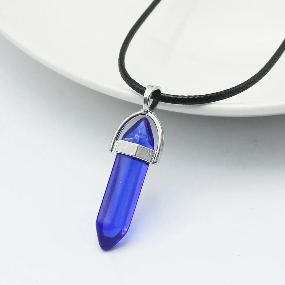 New Natural Stone Pendant Necklace Women PU Leather Hexagonal Column Pointed Reiki Chakra Lapis Opal Chunky Jewelry