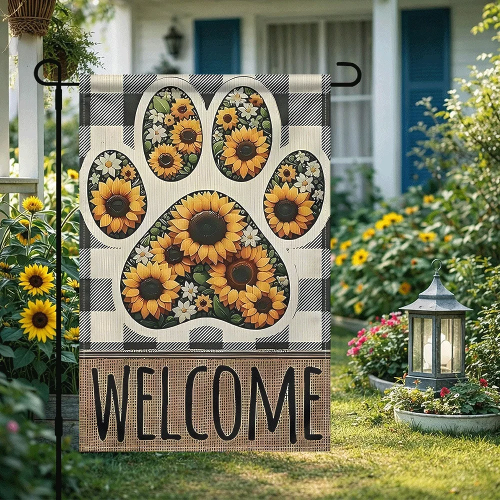 1PC Bandera de Bienvenida para Jardín con Estampado de Huella de Pata de Perro y Girasol, Diseño a Cuadros Buffalo, Decorativa para Exteriores, Estilo Rústico de Granja