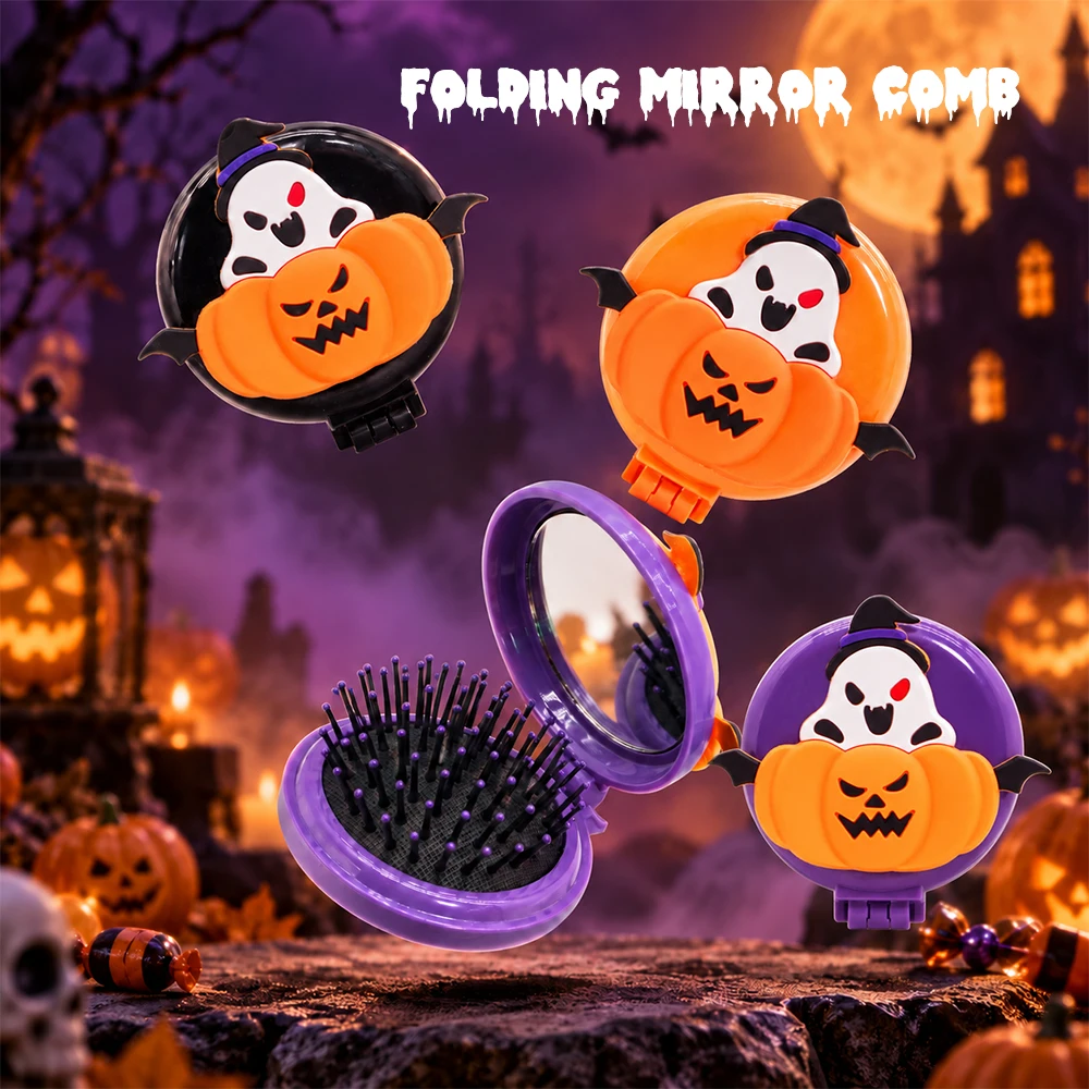 Halloween Folding Mirror Hairbrush Anti-Static Comb Detangling Scalp Massage Portable Suitable For All Hair Types Holiday Gift