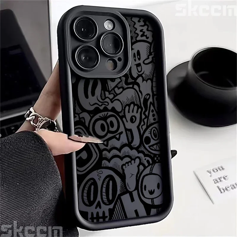 Black Graffiti Phone Case For iPhone 16 Pro Max 15 14 13 12 11 XS X XR 7 8 Plus 16 Silicone Shockproof Bumper Covers