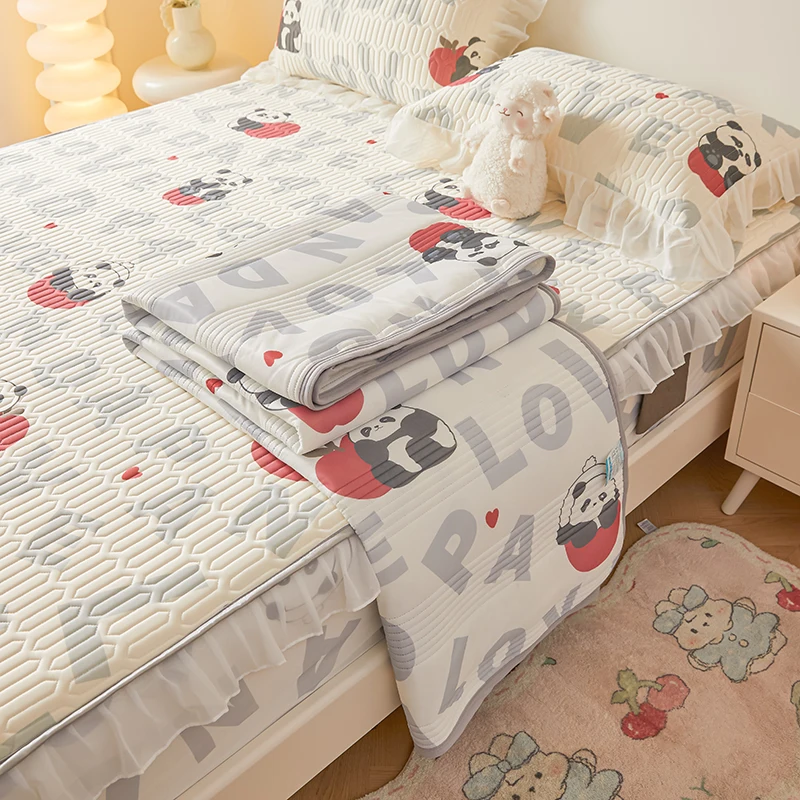 Cute Panda with Letter Summer Cool Quilt Air Conditioning Quilts Core Ice Silk Thin Comforter Blanket Washable Cool Silk Quilt