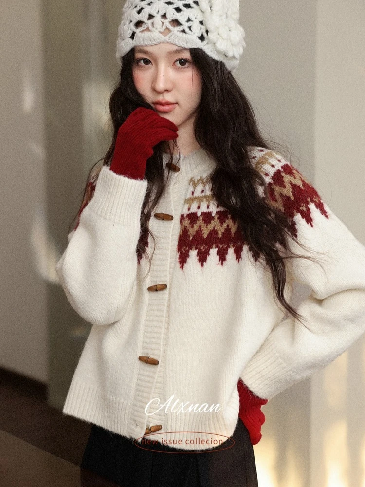 ALXNAN レディース カーディガン 秋冬 2025 ヴィンテージ フェアアイル ツイストニット カーディガン 暖かい カジュアル ルーズフィット 長袖 トップス L59228