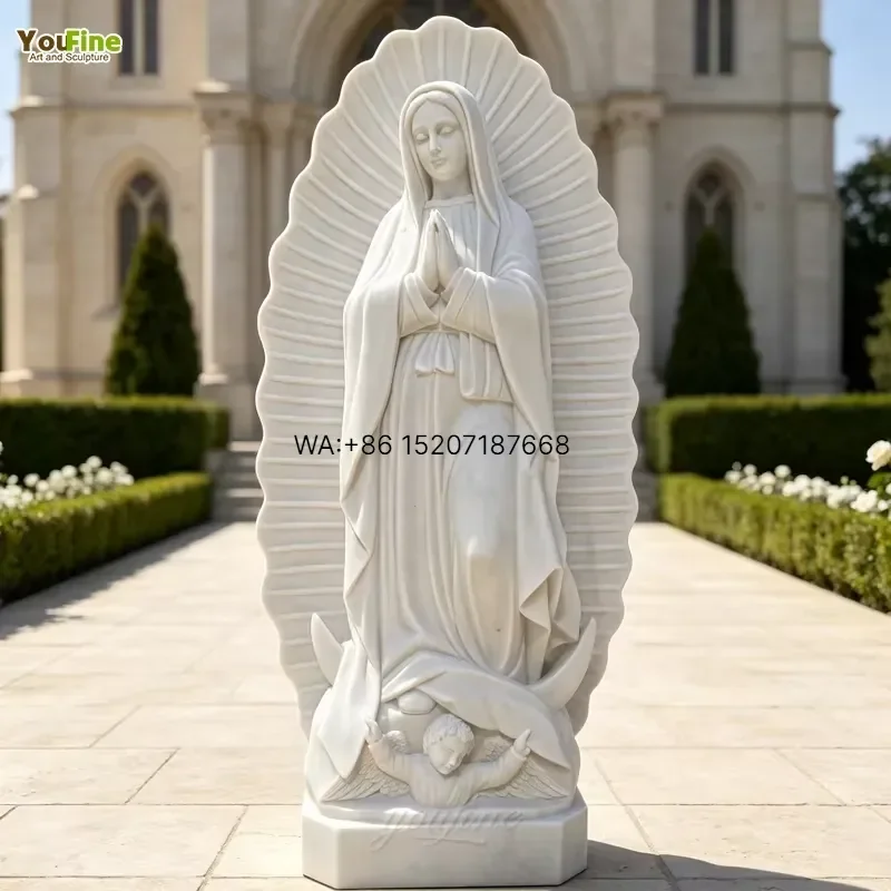 Wmwmnu for YOUFINE Life Size Natural White Marble Our Lady of Guadalupe Statue Hand Carved Virgin Mary Sculpture for Church