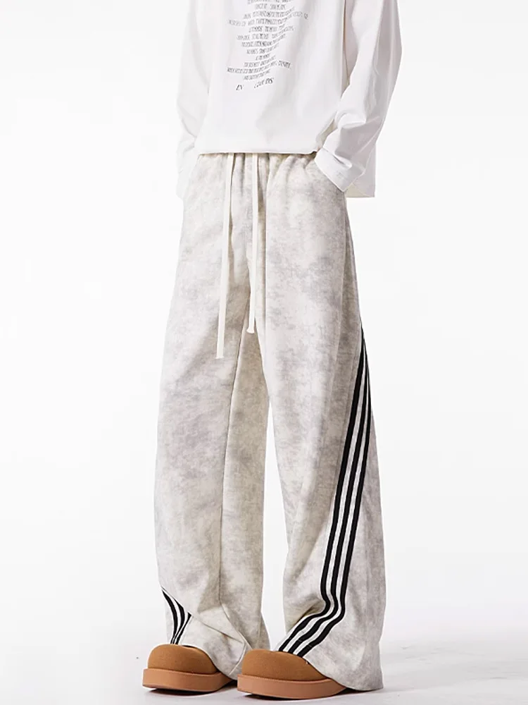 

Retro American Dyed Bent Knife Sweatpants Men's Autumn Winter Trendy Brand Striped Casual Sports Loose Straight Leg Pants