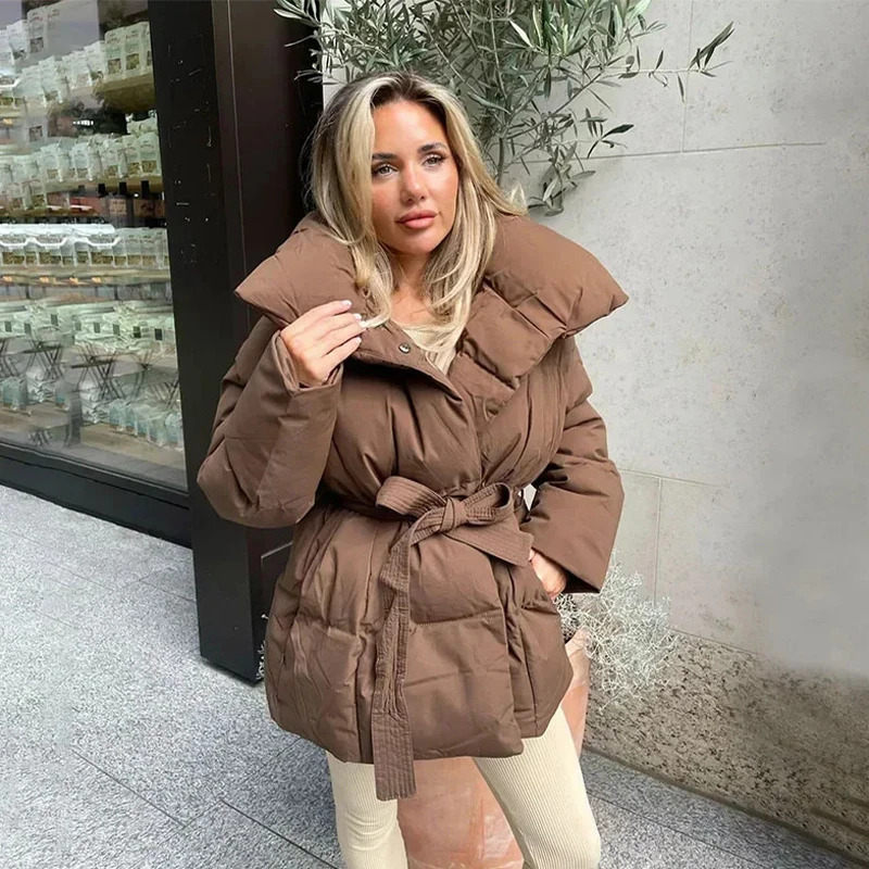 Women Solid Fashion Lapel Tie-up Cotton Coat Long Sleeved Waist Cinched Warm Loose Jacket Lady Casual Commute Winter Outwear 13 S2fe9c38051744f2ca70562b6c39e21363