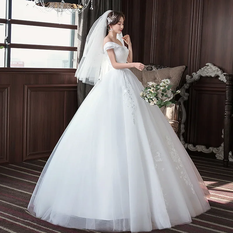 Dolce memoria scollo a barca abito da sposa principessa ricamo pizzo su rete bianco abiti da festa lunghi Sexy ragazza Prom Ball Gown