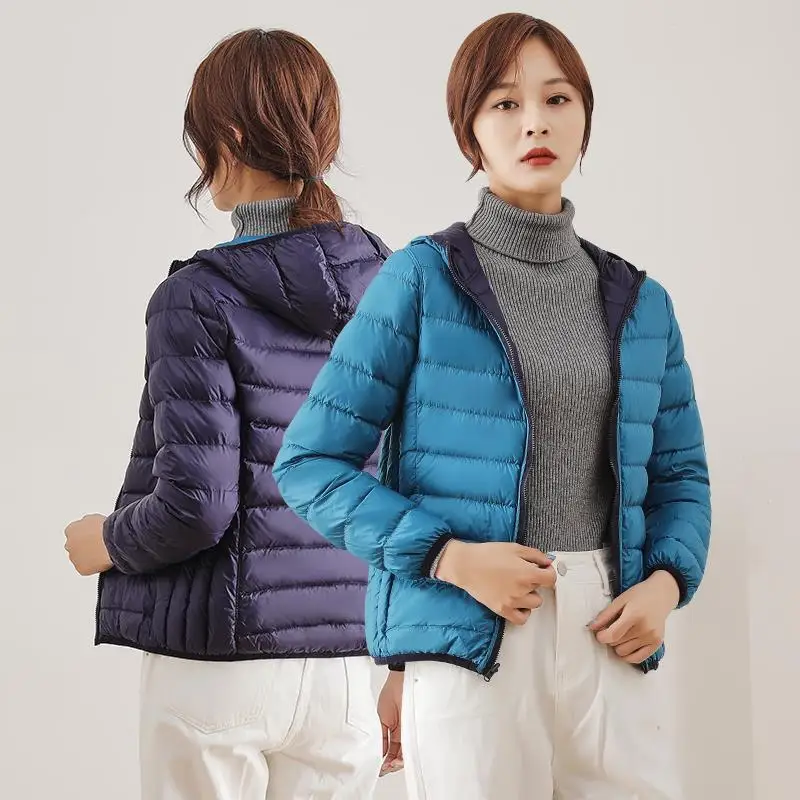 Two-sided Hooded Down Coat Autumn Winter Women Ultra Light Thin White Duck Down Jacket Female Short Warm Puffer Parkas Outwears