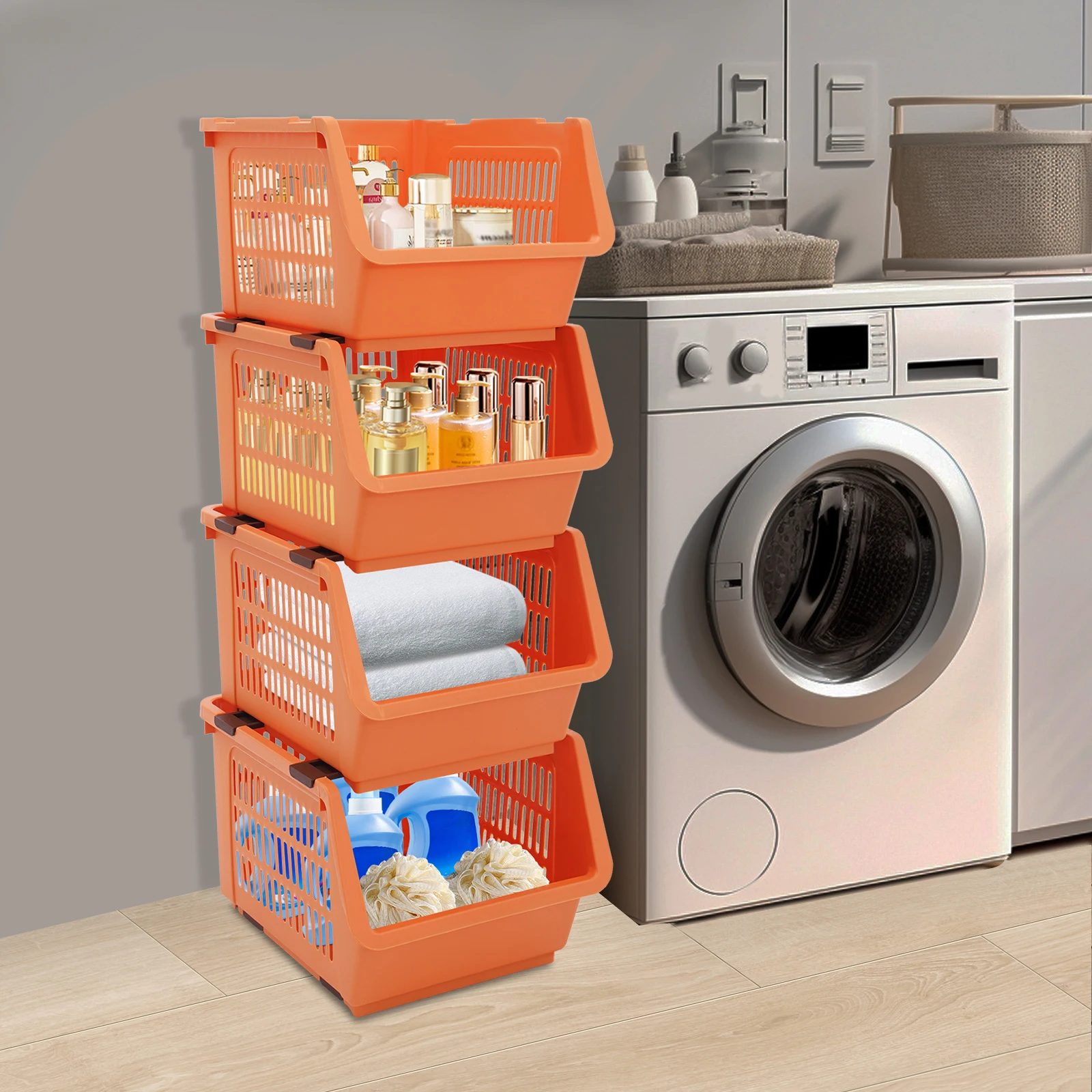 Оранжевые большие штабелируемые корзины для хранения, 4 контейнера-органайзера с ручками, универсальный пластиковый контейнер из полипропилена для дома и общежития