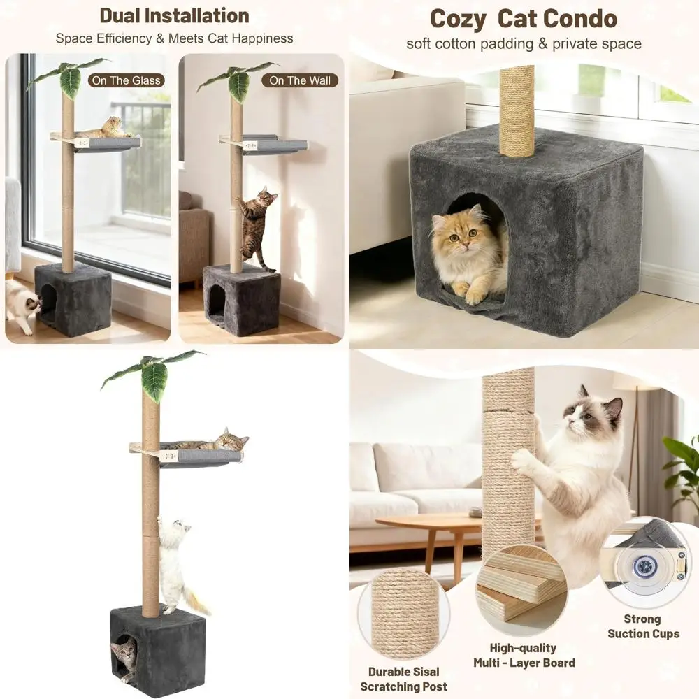 

58 Multi-Level Cat Window Perch with Hammock, Scratching Post for Climbing, Sleeping & Bird Watching