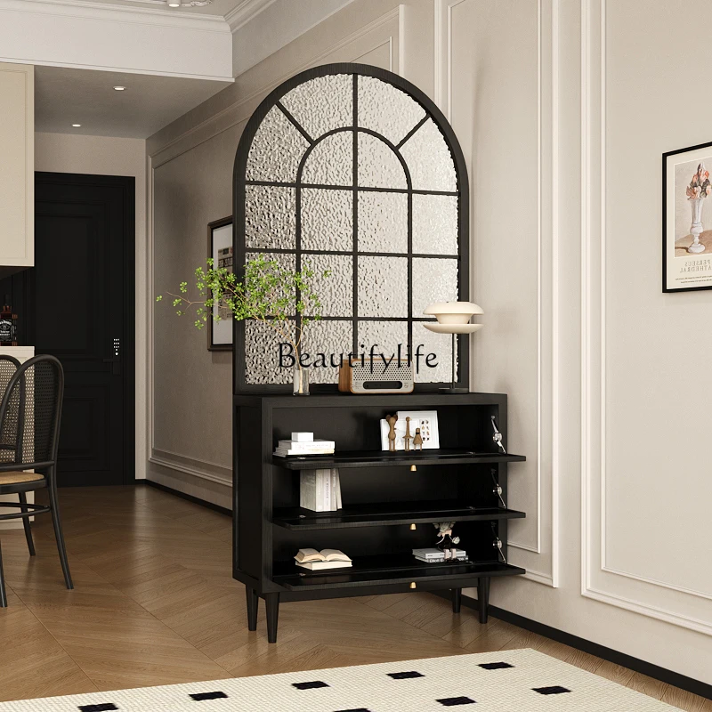 05-French retro solid wood water pattern glass entry door screen partition living room shoe cabinet entrance cabinet American ho