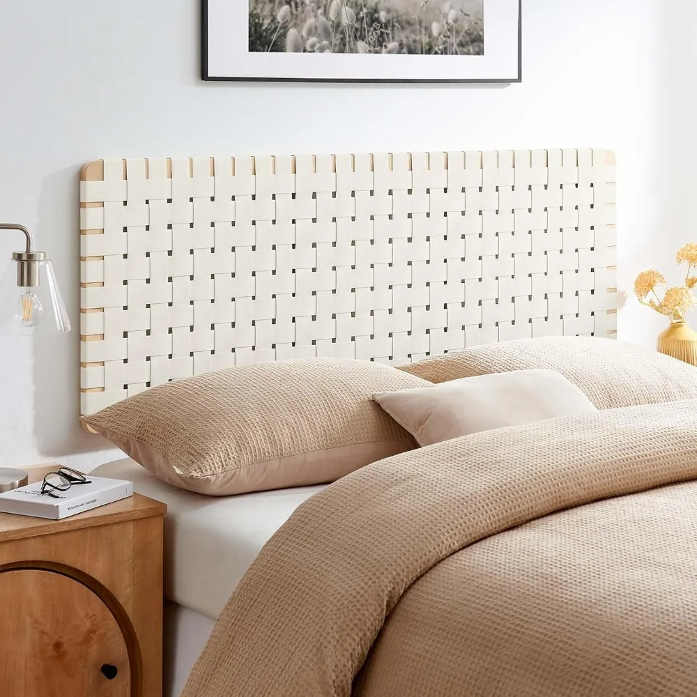 Natural Beige Vegan Leather Weave Queen Headboard - Wall Mount Style for Queen Beds
