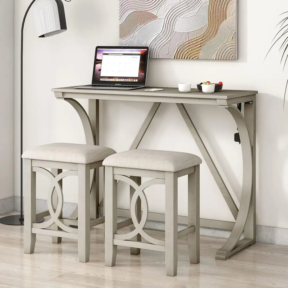 3-Piece armhouse Counter Height Dining Set, Wood Kitchen Dining Table Set with USB Port and 2 Upholstered Stools or Small Places