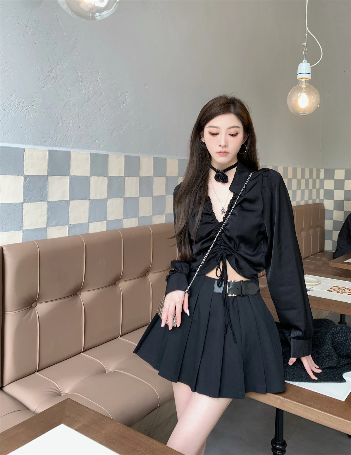 

F Project High Waist A-Line Skirt with Leather Bule for Women Autumn Season Pure Color Pleated ort Skirt