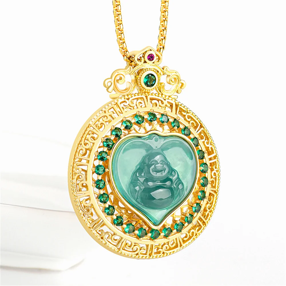 Natural Ice Green Jadeite Carved Heart Buddha Gem Lucky Pendant Gold Plated Amulet Necklace Certificate Luxury Jade Jewelry