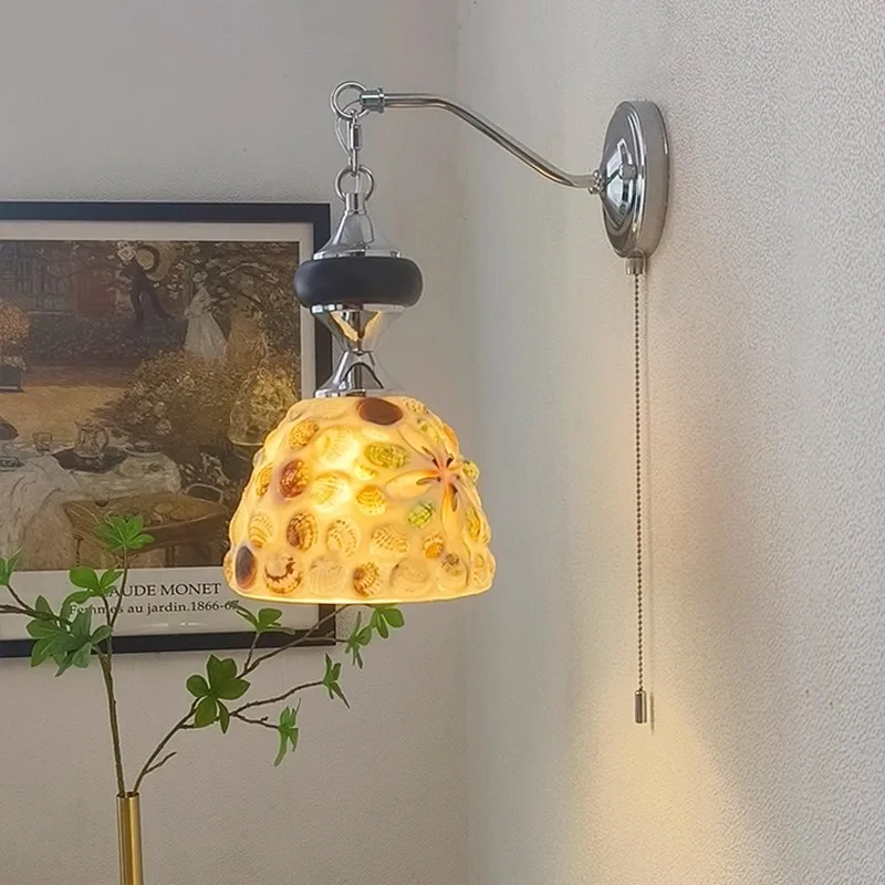 

Latest Modern Cream Bauhaus Wall Lamp For Living Room Aisle French Retro Bedroom Bedside Lighting Handmade Shell Wall Lamps