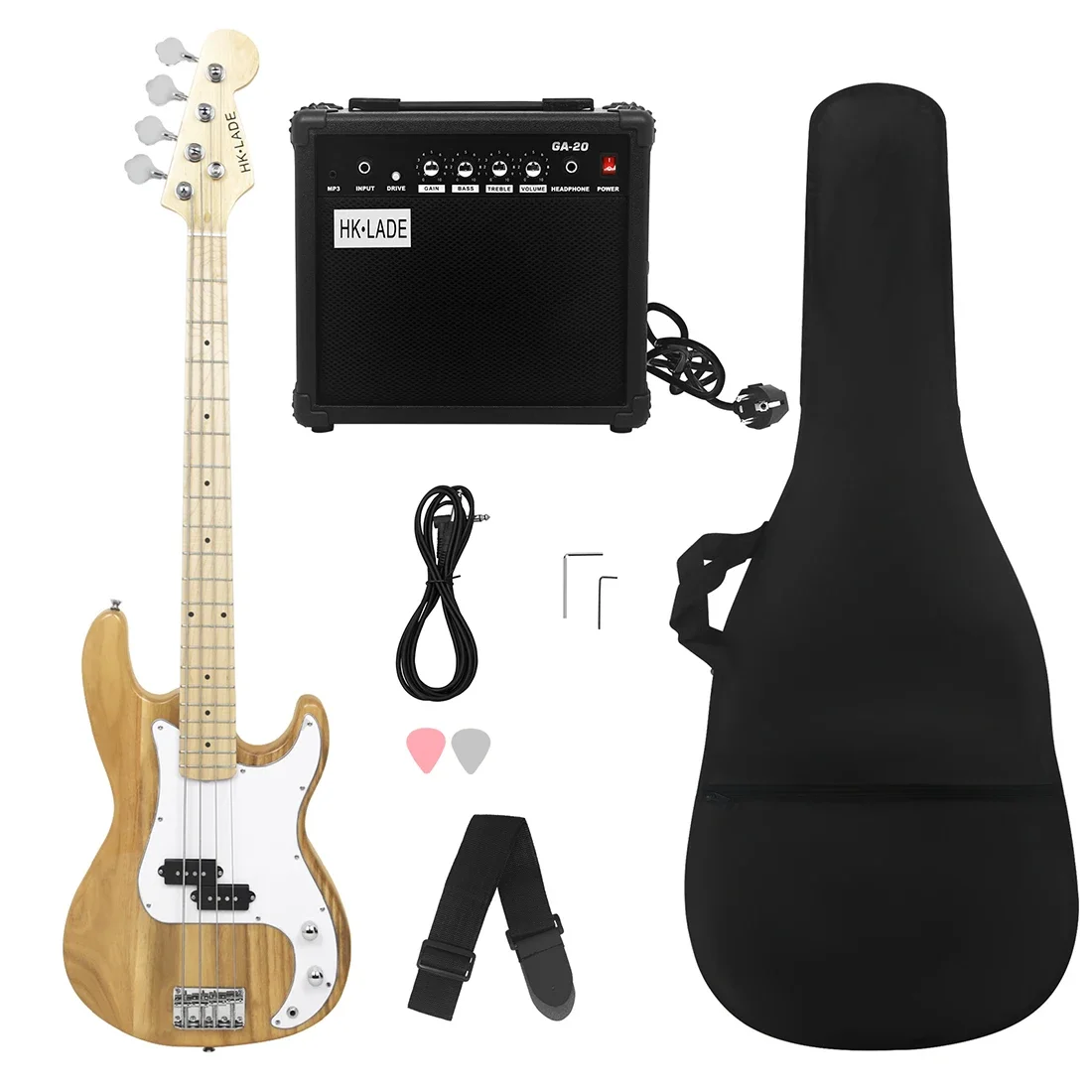 

Wood HK·LADE 20 Frets Electric Bass Guitar Maple Neck Body 4 Strings Guitarra with Audio Bag Strap Picks Parts & Accessories