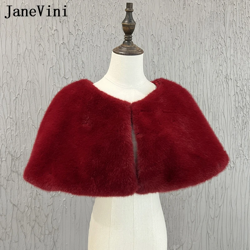 JaneVini Ivory Faux Fur Bridal Shawl Bolero Boda Novia Bruiloft Cape Burgundy Winter Women Cloak Shoulder Shrugs Party Wraps