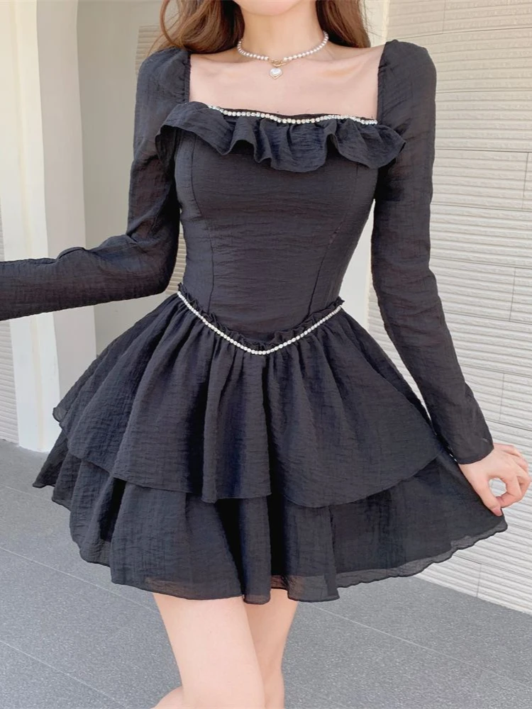 Mini abito da donna con volant design a vita alta dolce ragazza tenera abito da ballo morbido moda coreana manica lunga versatile nuovo abbigliamento da festa