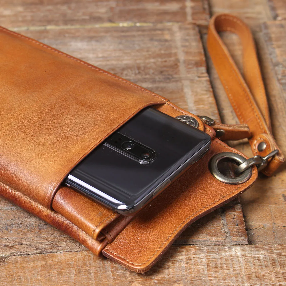 S.WORKER Echtes Vollnarbiges Rindsleder Langes Portemonnaie für Herren, Clutch mit mehreren Kartenfächern, Casual-Geldbörse mit Handgelenkschlaufe – Detail 8
