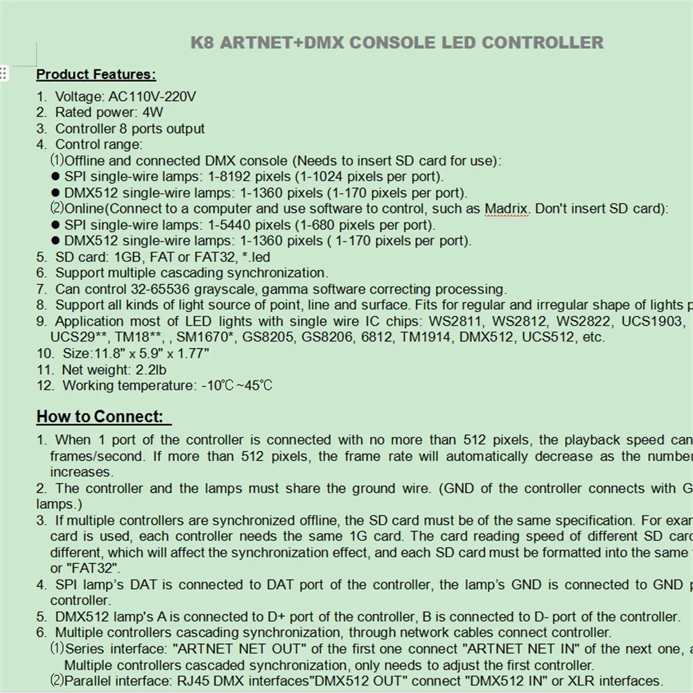 LED Controller K8-ARTNET AC110V-220V Addressable 8192 Pixels SD Card Full Color LED Controller