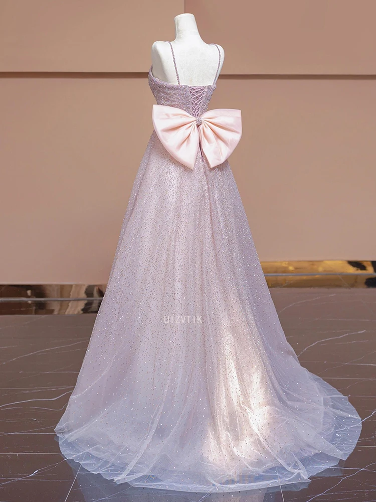 الوردي أنيقة لامعة فستان حفلات المرأة السباغيتي الأشرطة ألف خط مع القوس الظهر حفلة رسمية ثوب مسائي فساتين المشاهير حسب الطلب