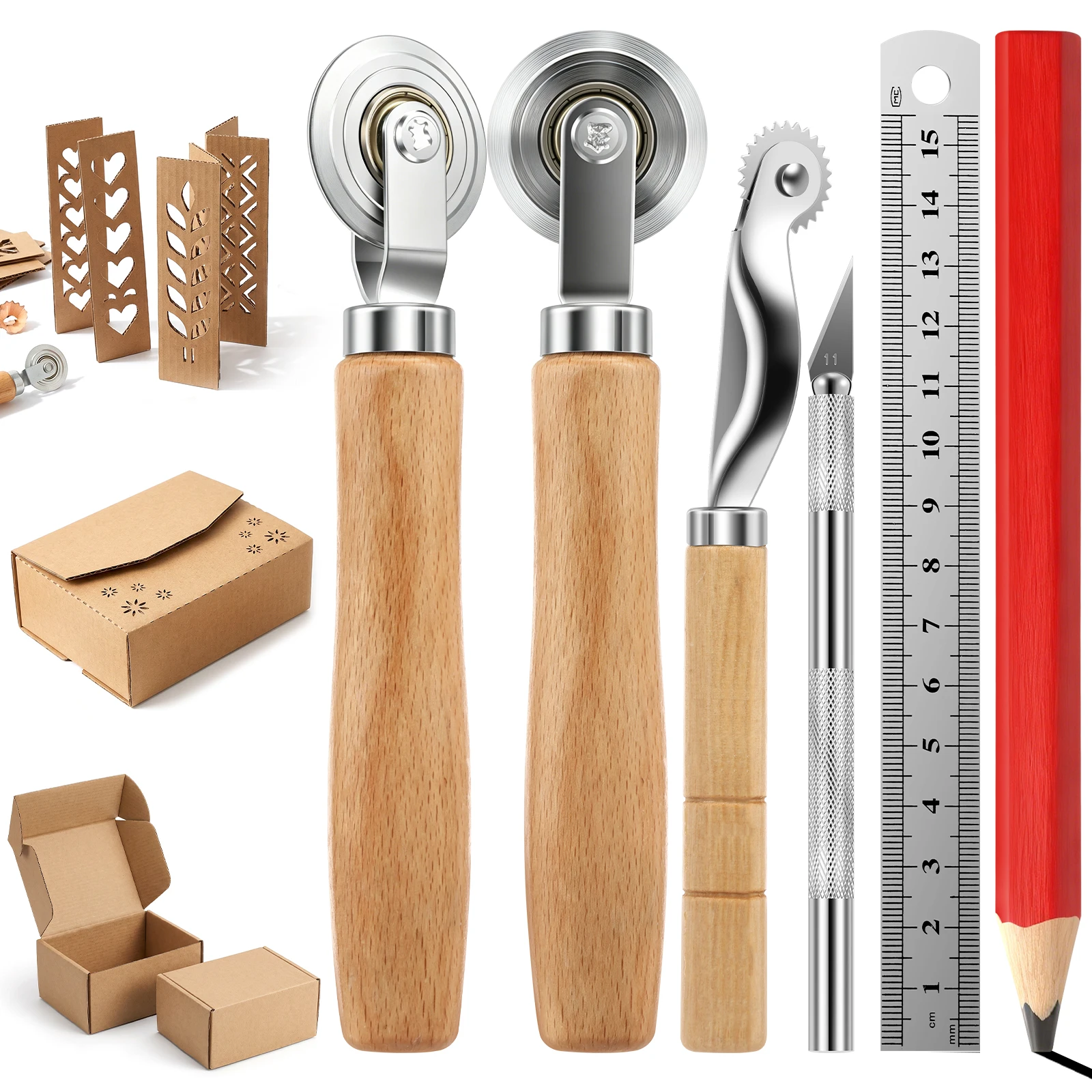 Box Resizer Scoring Tool Set with 3 Scoring Wheels Tracing Craft Knife Ruler and Pencil for Cardboard Creasing and Box Making