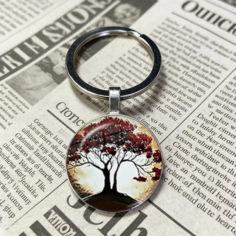 Popular Blue Background Elvish Ring Inscription Tree of Life Convex Glass Dome Key Ring Tolkien Fantasy Backpack Ornament