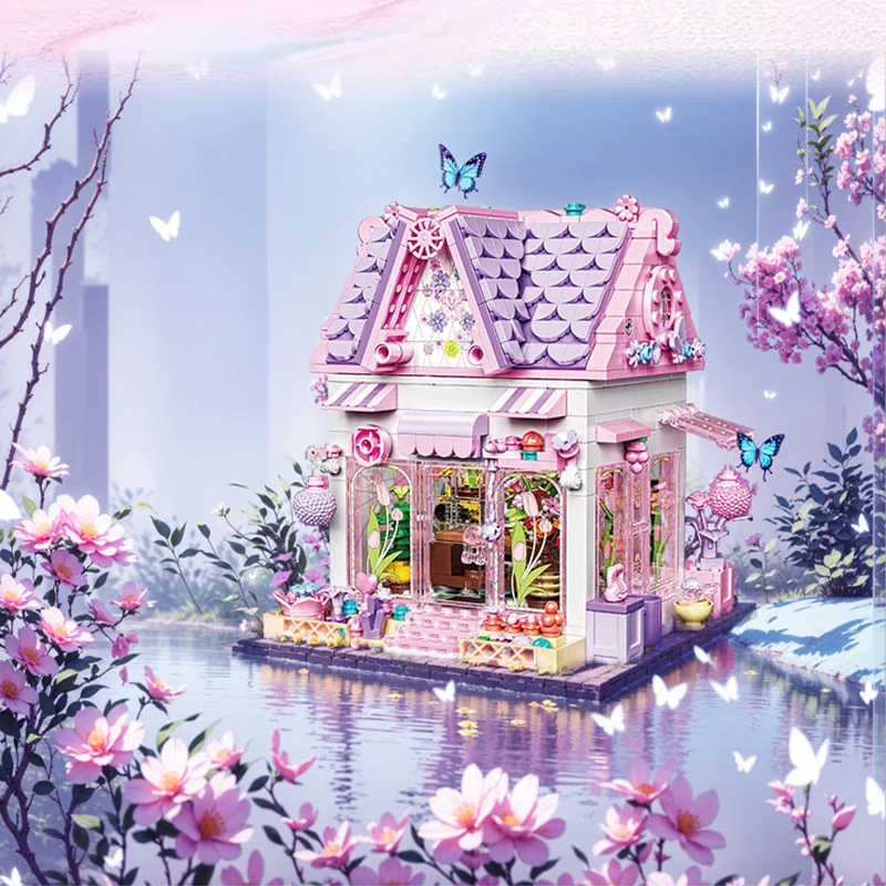 MOC Romantic Pink Flower Cottage Building Blocks Set European House Hut Architecture DIY Toys For Children Birthday Holiday Gift