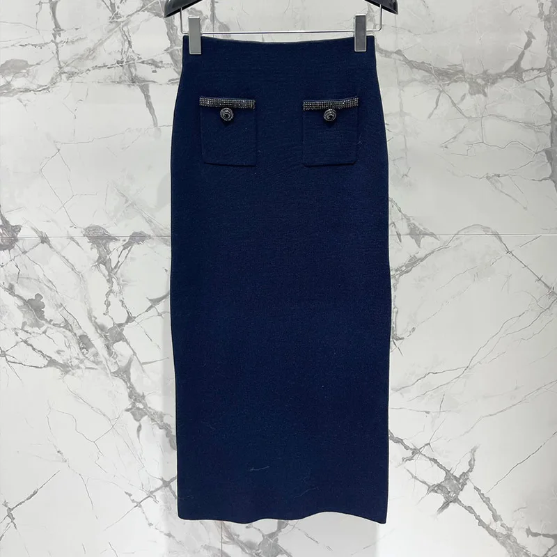 Women's Navy Blue Elastic Waist Knitted Bag Hip Skirts New Diamond Design Buttons Knee Length Skirt Autumn High End Clothes