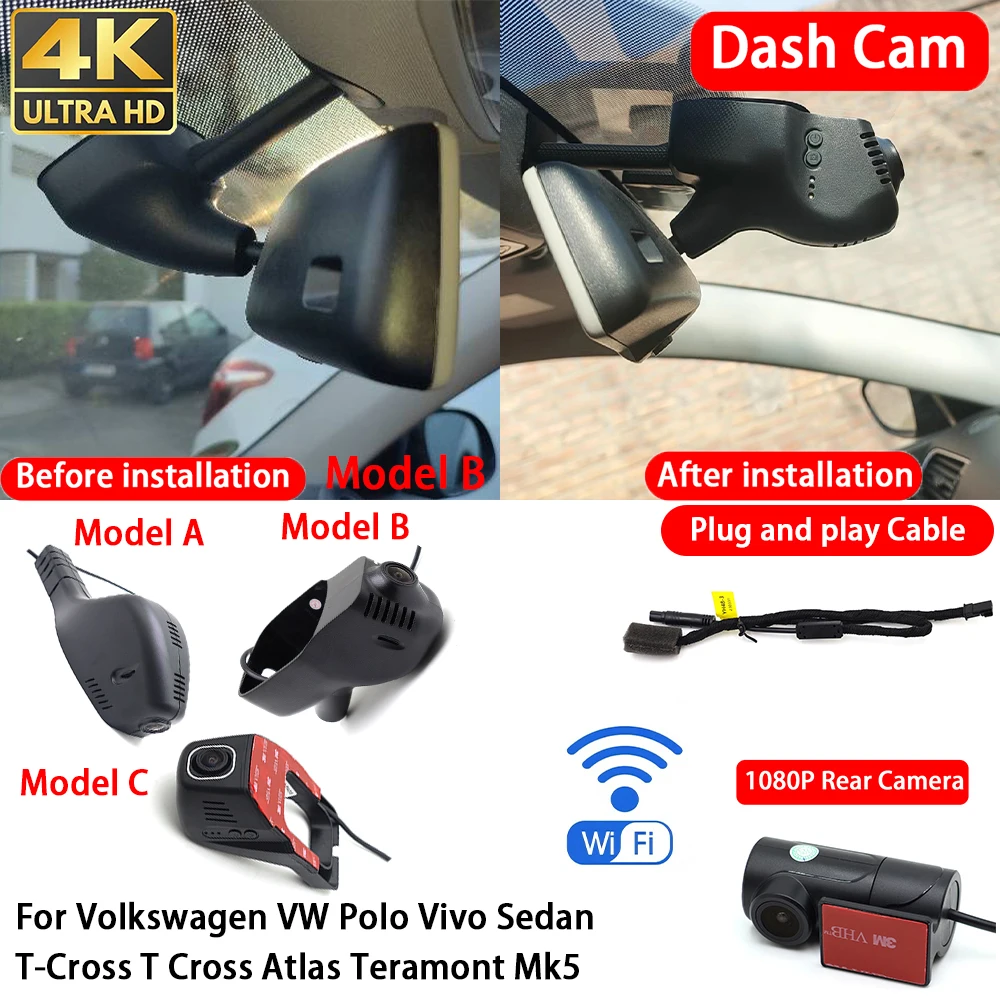 Cámara para Auto 4K con Wifi, Plug & Play, Delantera y Trasera, para Volkswagen VW Polo Vivo Sedan T-Cross T Cross Atlas Teramont Mk5