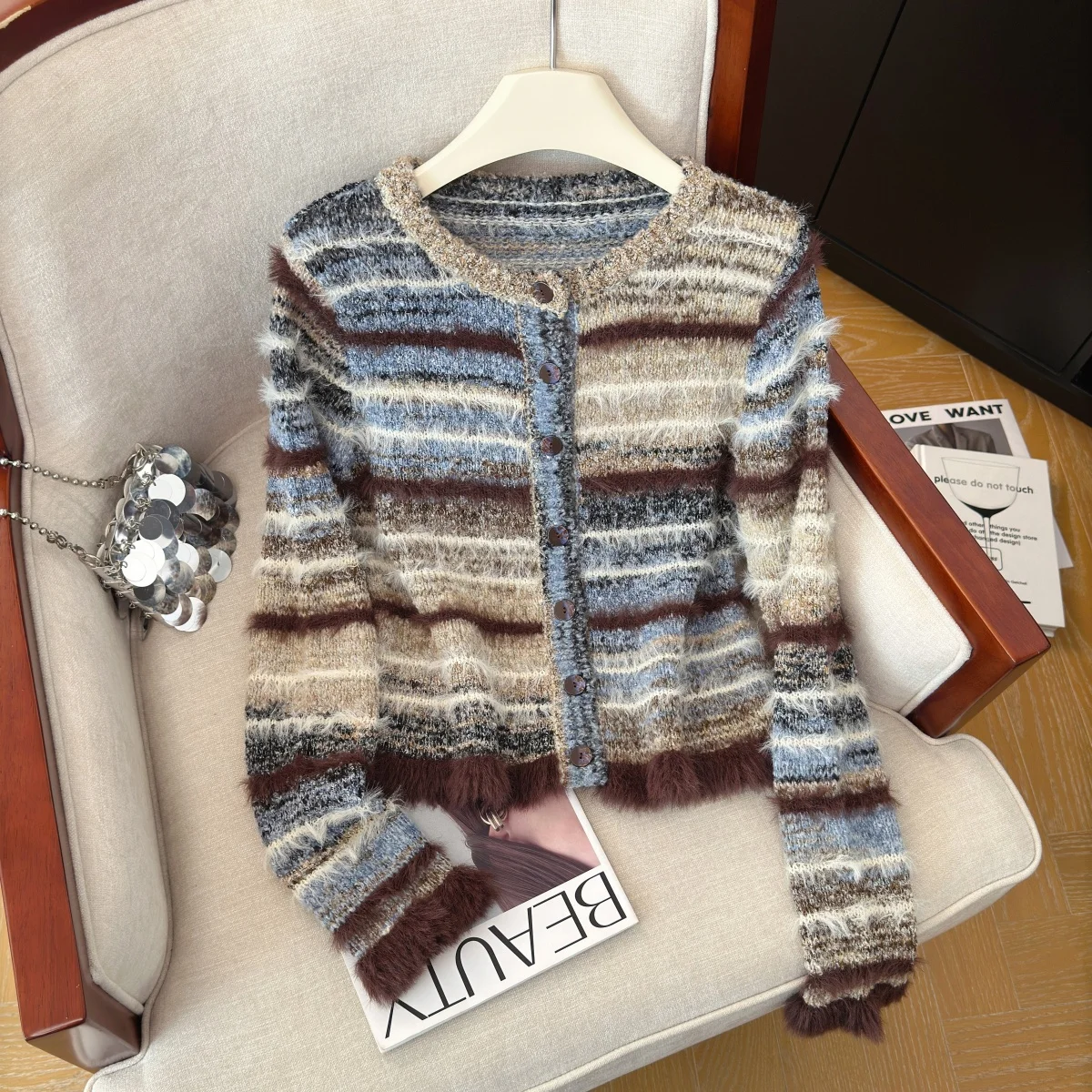 Women O-Neck Striped Cardigan Sweater Vintage 2000s O-Neck Knitwear Outerwear Long Sleeves Sweater Autumn Winter Clothes 2026