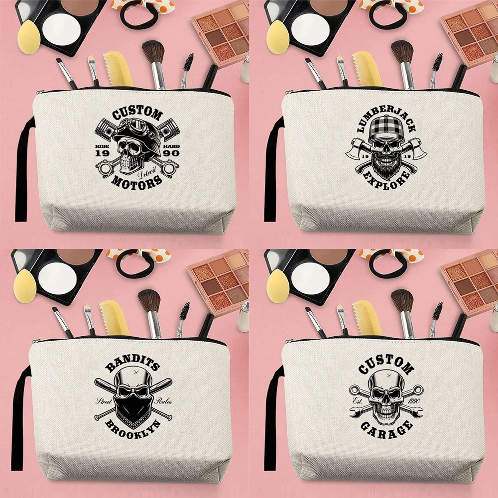 

2024 Hot Selling Makeup Organizer Bag Handbag Ladies Coin Purse Canvas Personality Gothic Skull Pattern Printed Strap Beige