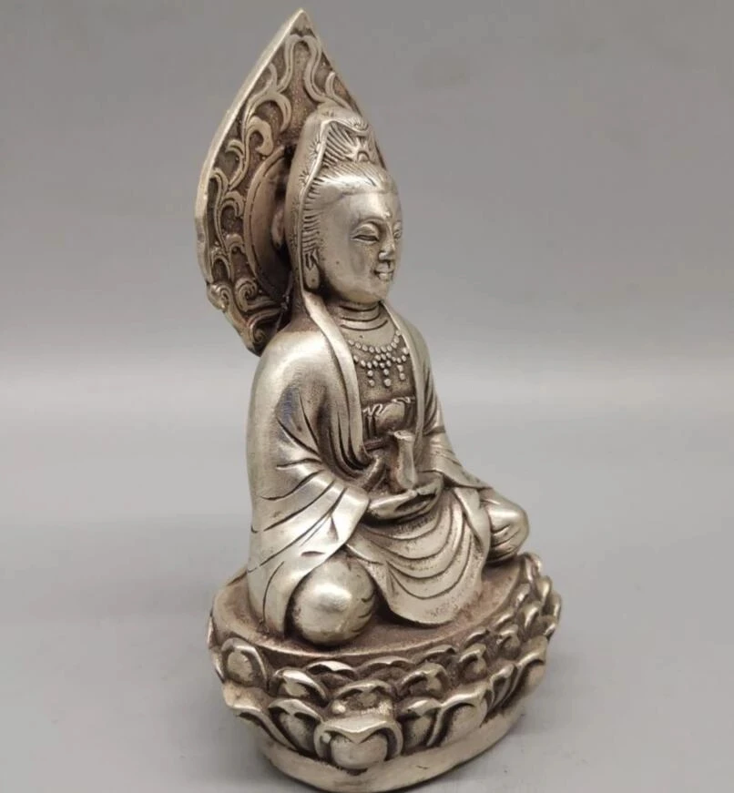 China archaize White copper Goddess of mercy Buddha crafts statue