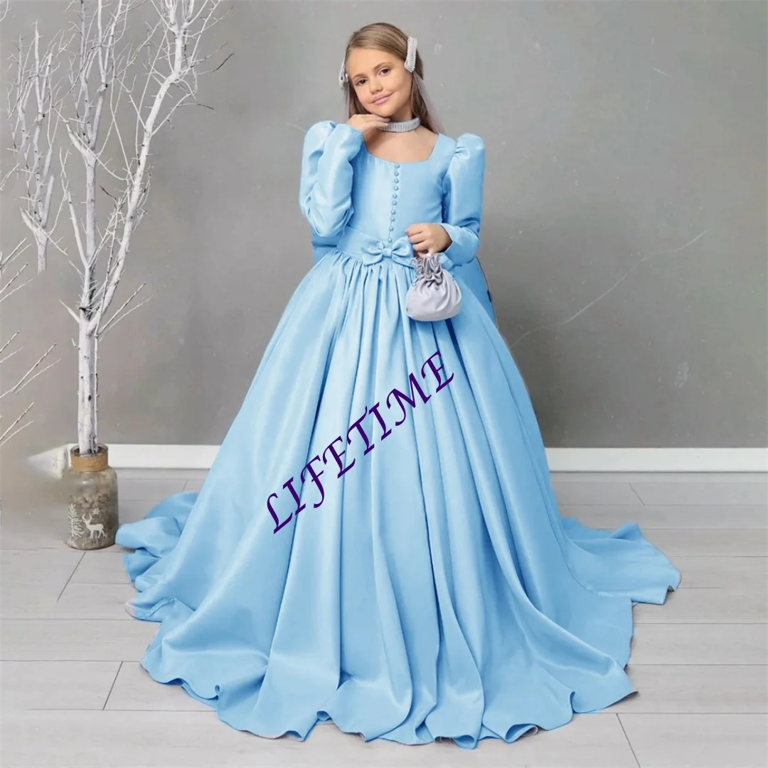 Customized Classic Square Neck Long Puff Sleeve A-Line Pleat Wedding Party Dress Floor Length Sweep Train for Girl First Communi