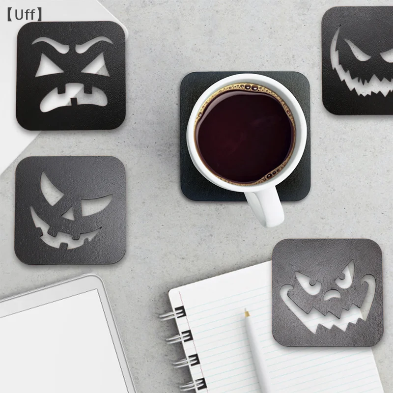 4pcs Halloween Coasters Wooden Hot Drink Coasters Creative Placemats For Home Countertop Halloween Parties Dining Room Cafe