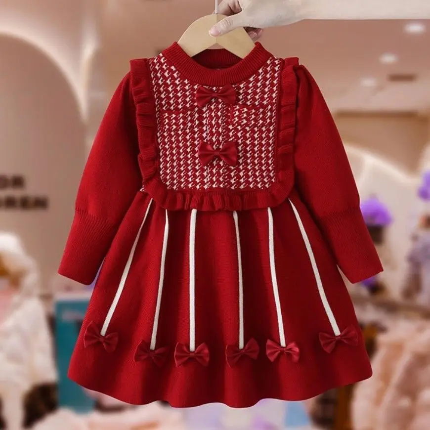

Girls' Dress Winter New Style Western Children's Autumn and Winter Princess Baby New Year Red Knitted Dress