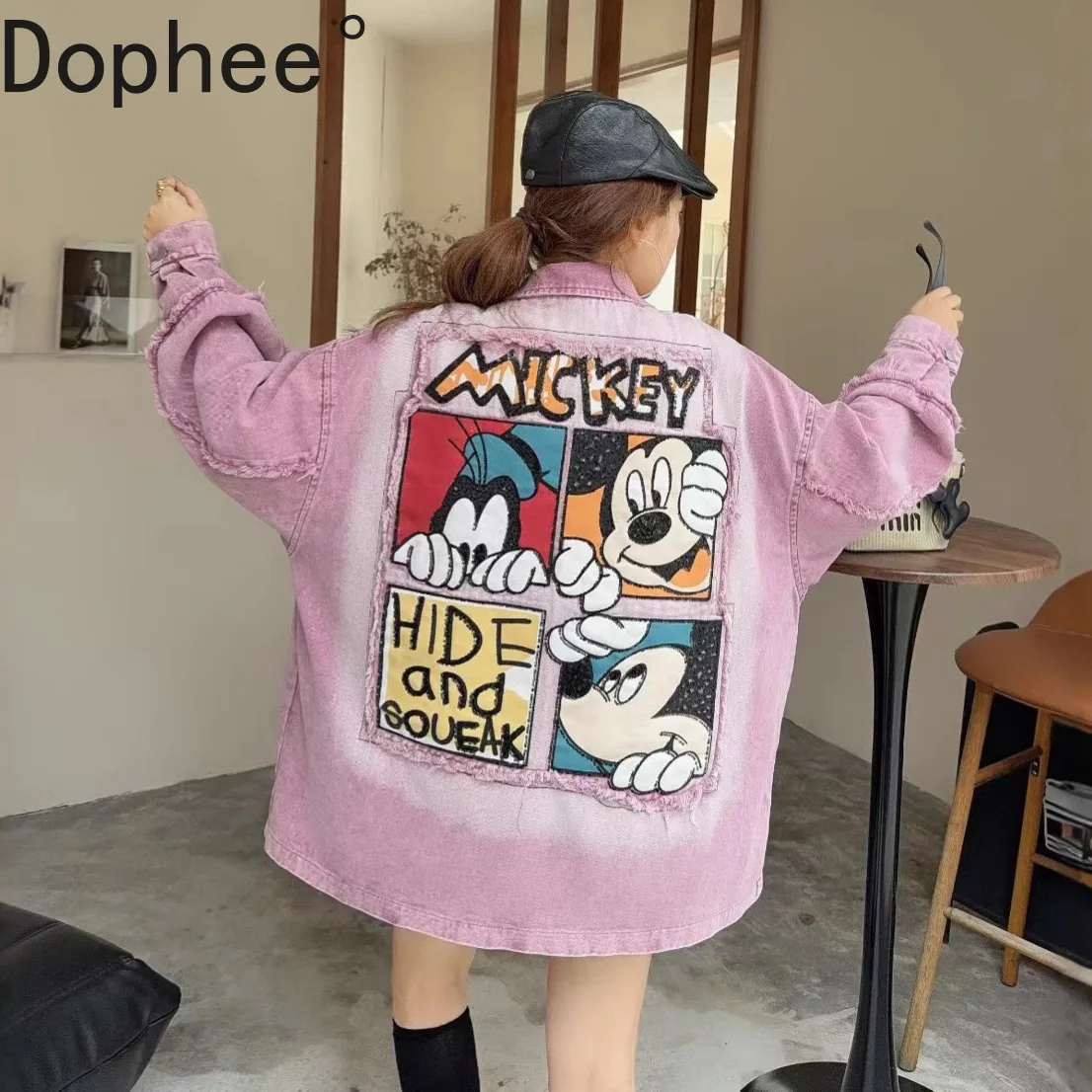 

Женские джинсовые блузки оверсайз, новинка 2023 года, весна-осень, свободные кардиганы на молнии, пальто с вышивкой и блестками, повседневная джинсовая ветровка с Микки