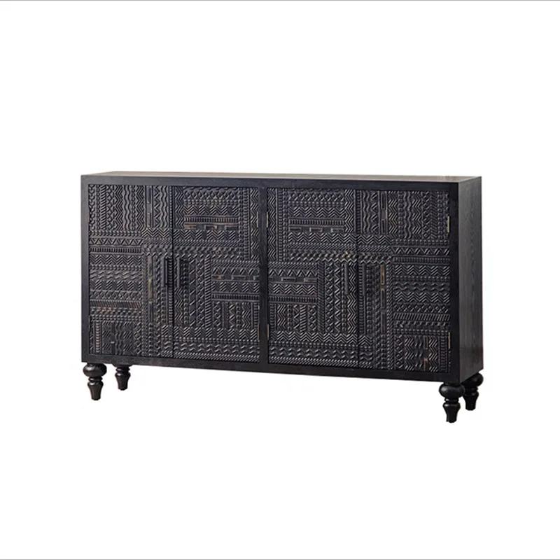 

wabi-sabi style black carved TV cabinet simple Indonesian vintage storage cabinet antique furniture entryway cabinet