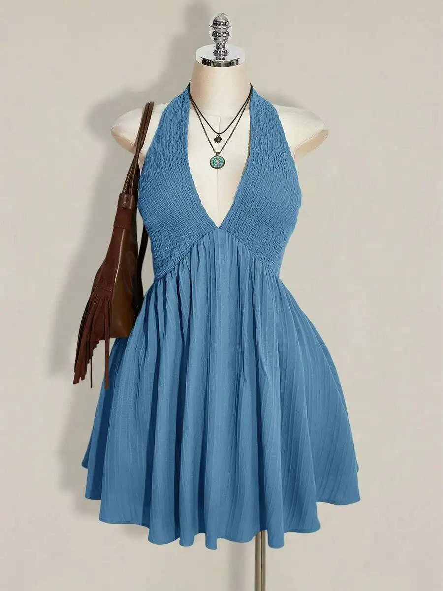 

Blue Halter Neck Smocked Waist A-Line Mini Dress For Summer Vacation Casual Wear