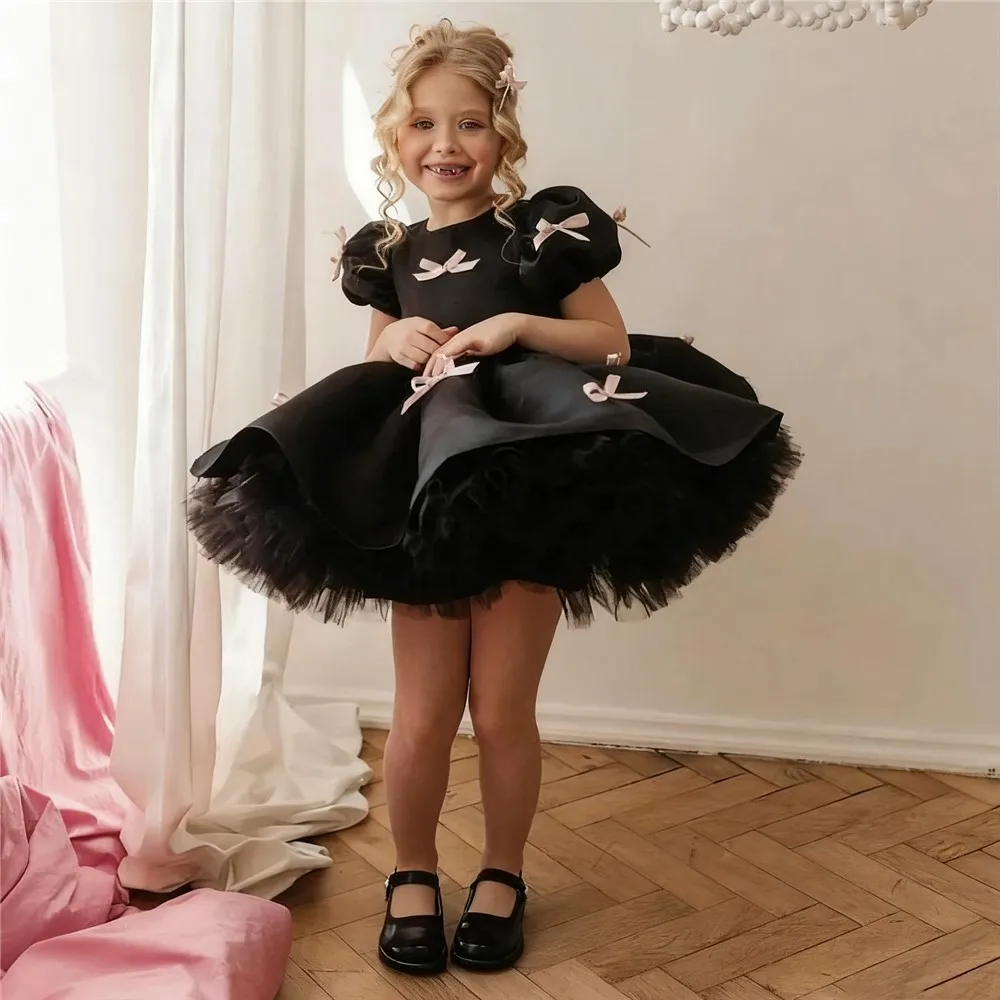 

Customized Cute Flower Girl Dress For Wedding Bow Puffy Short Sleeves Princess Birthday Party Baby First Communion Ball Gown