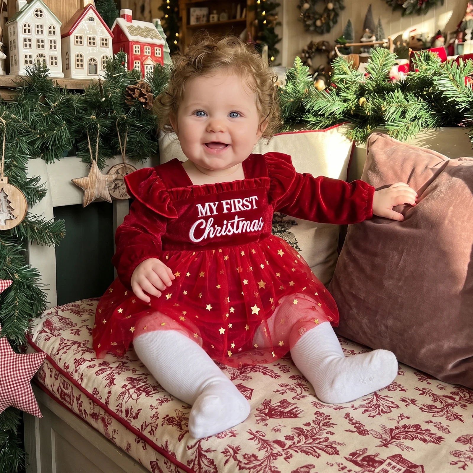 Baby Girl My First Christmas Velvet Romper Dress Cute Long Sleeve Letter Printed Ruffled Bodysuit Xmas Costume Clothes