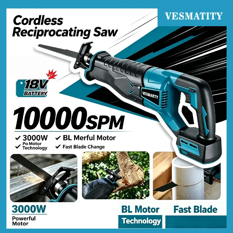 VESMATITY Multifunctional Reciprocating Saw Cordless Handheld Mini Electric Tool for Outdoor 18V 20V Battery Max Ultra Speed