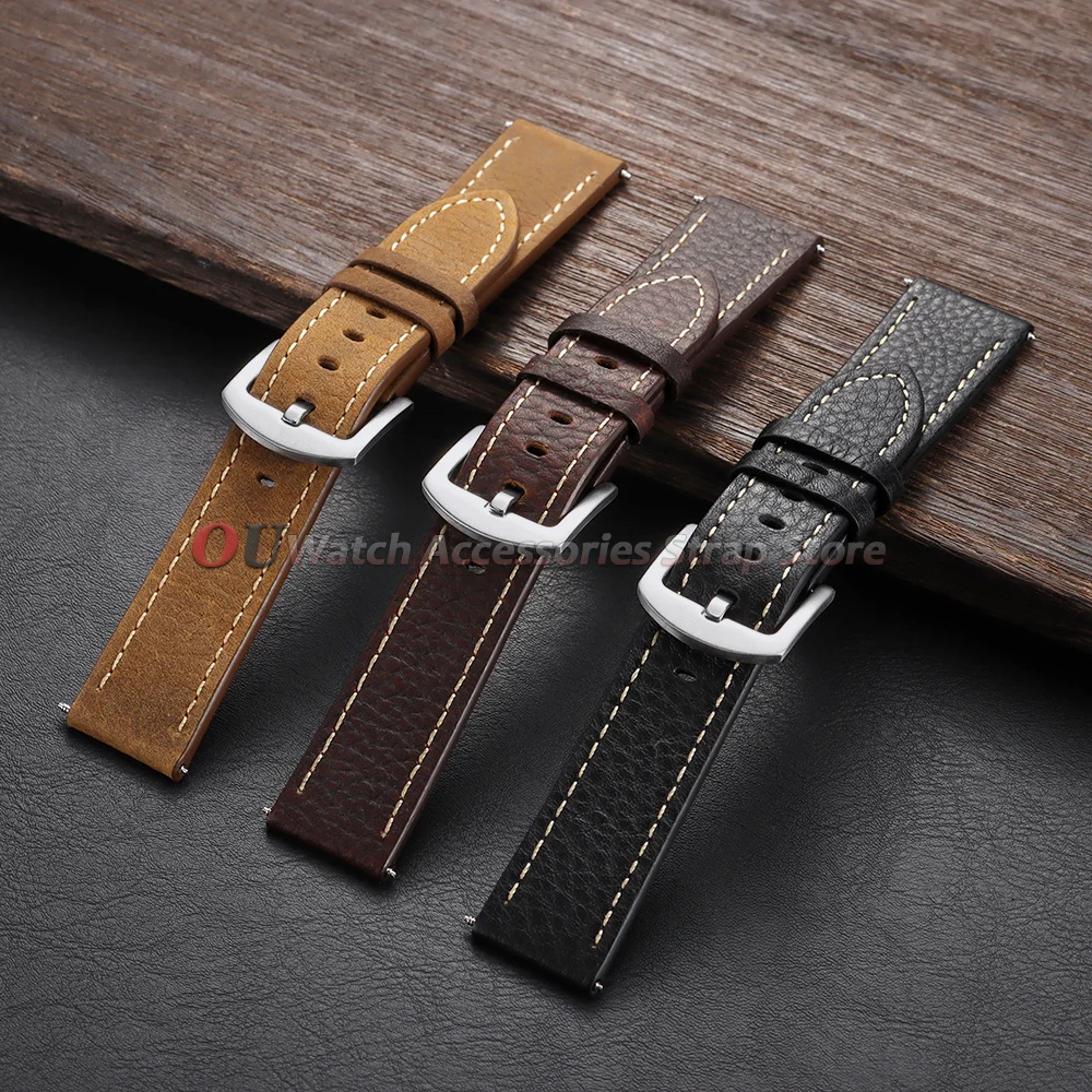 20mm 22mm Lychee Pattern Leather Strap for Seiko Watchband Men Women Universal For Huawei Bracelet First Layer Cowhide Wristband