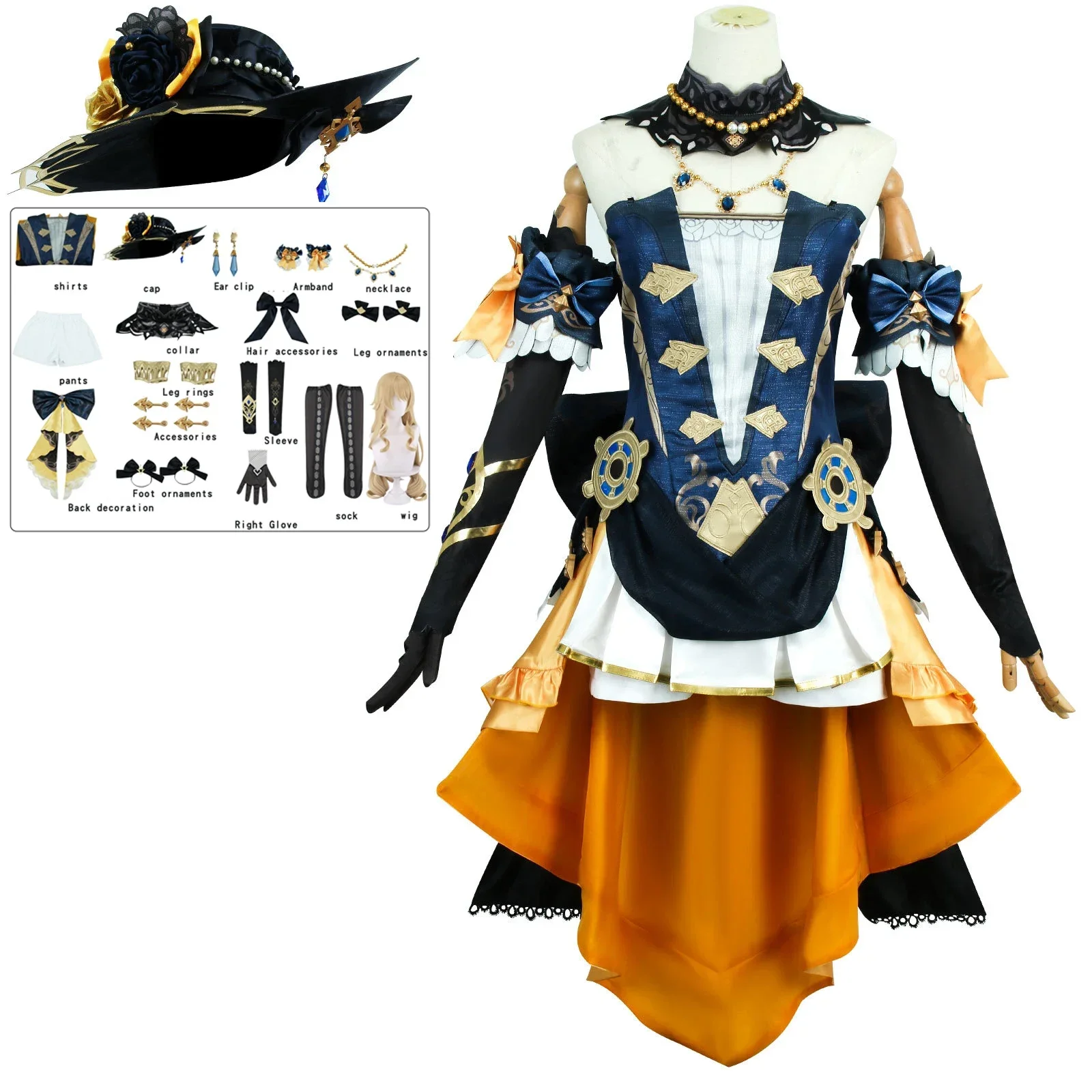 

Game Navia Cosplay Costume Genshin Impact Dress Wig Fontaine Spina Di Rosula Hat Gloves Necklace Clorinde Party Outfit