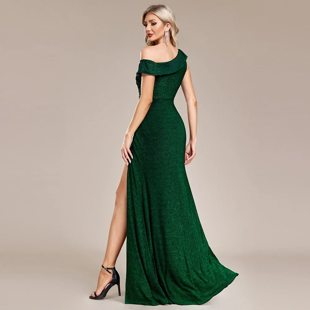 Vestido de noite longo de ombro único feminino, fenda lateral, fio prateado brilhante, vestido elástico de tricô, verde sereia